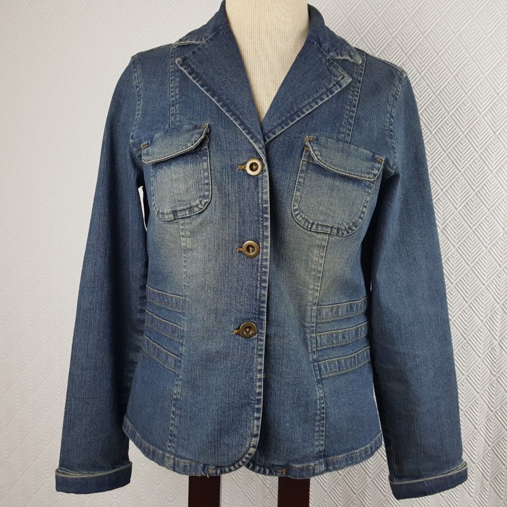 Coldwater Creek Womens Denim Jean Jacket Blue Distressed Stretch Size Small